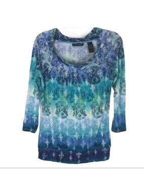 Axcess by Liz Claiborne Top Size S Paisley Blue Multi Hombre White Green 3/4 Sle